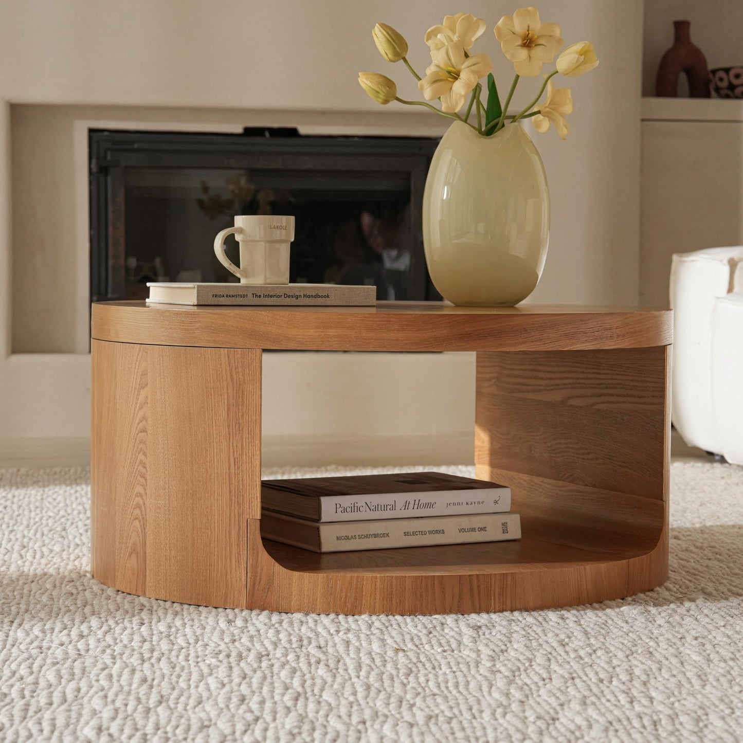 Round Wooden Coffee Table, Living Room Table with Large Storage Space, Coffee Table No Assembly Required, Modern Sofa Table for Living Room, Bedroom, Diameter 80 x 36 cm, Coffee Table (Black)