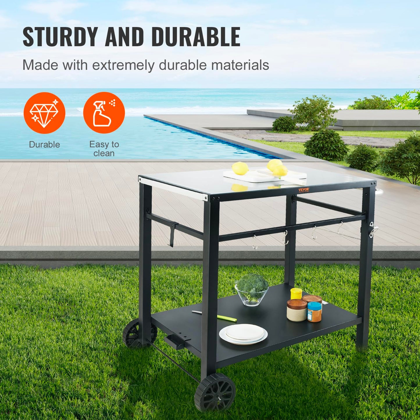 VEVOR Serving Trolley, Kitchen Trolley, 100 x 64 x 83.5 cm, Outdoor Barbecue Dining Trolley with Double Shelf, Movable Grill Table for Preparing Food, Multifunctional Iron Table Top, Black