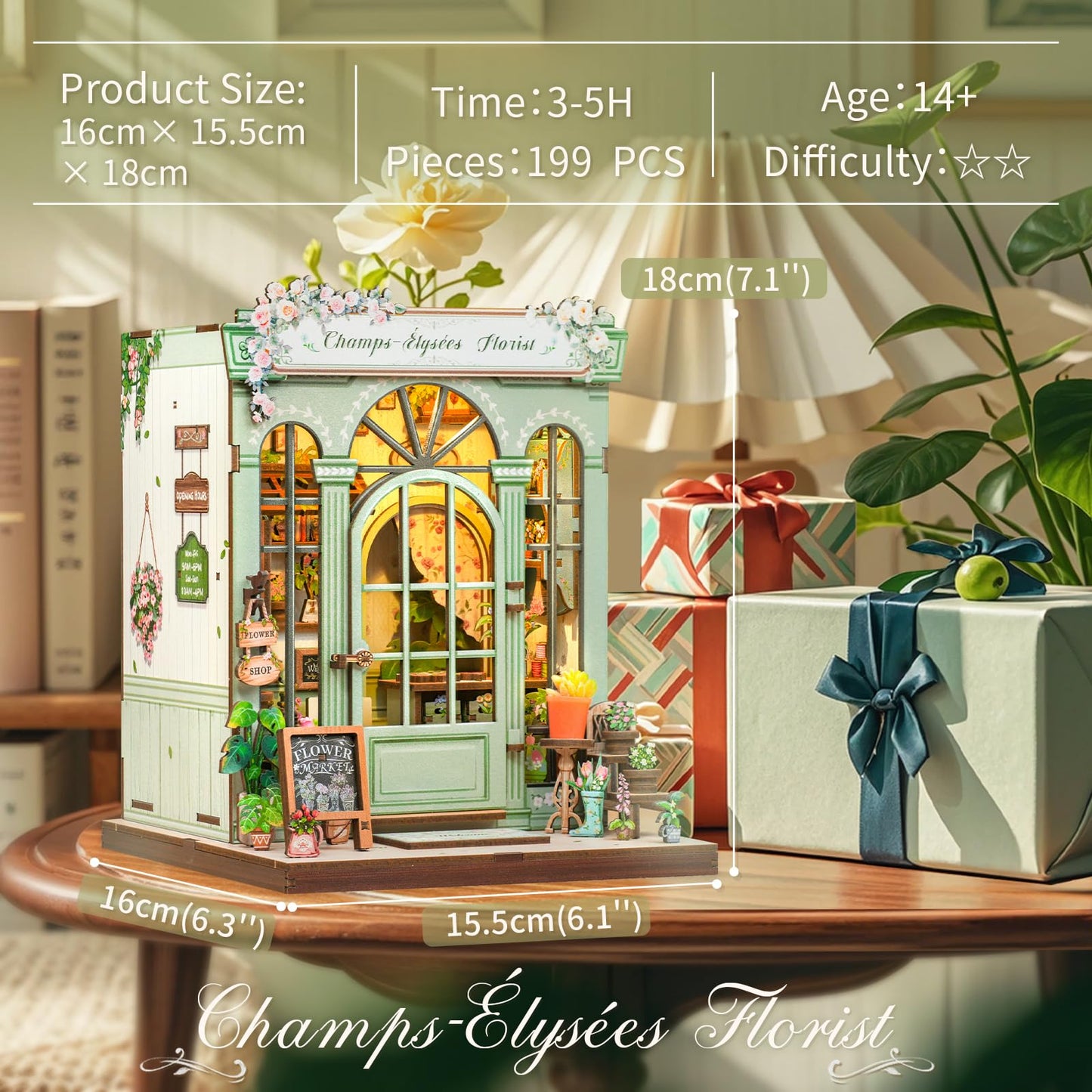 CUTEBEE Book Nook Kit – DIY Puppenhaus Häuser, Miniatur Haus Selber Bauen für Erwachsene, 3D-Holzpuzzle & Buchstütze | Kreatives Set für Bücherregal Dekor | Geschenk,199 PCS (Champs-Élysées Florist)