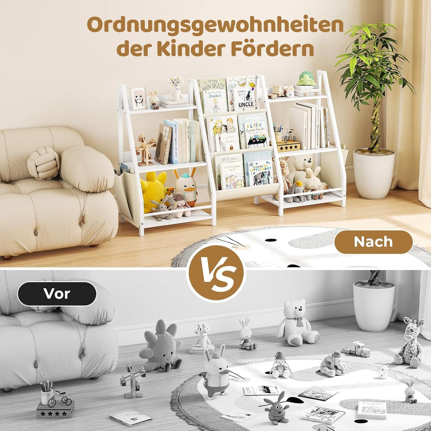 Children's Bookcase with 3 Shelves and 6 Open Compartments, Children's Bookcase for Storing Picture Books and Toys, 127 x 30 x 72 cm, White Children's Room Furniture