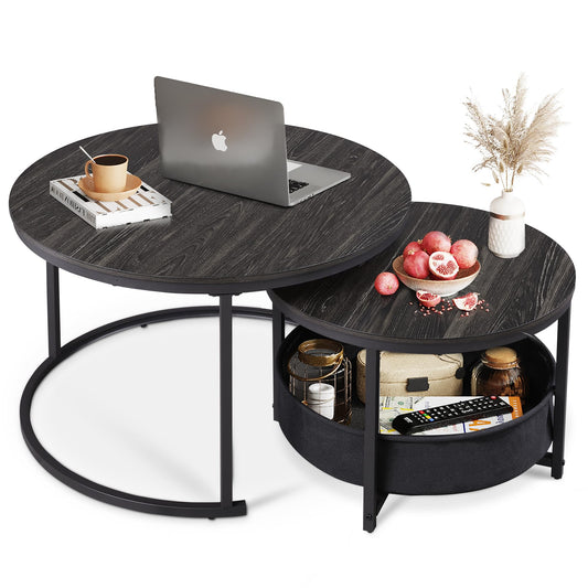 WLIVE Round Coffee Table, Set of 2, Modern Living Room Table, Round, Side Table with Fabric Basket, 80 cm Diameter Couch Table for Bedroom, Home Office (Grey Oak)