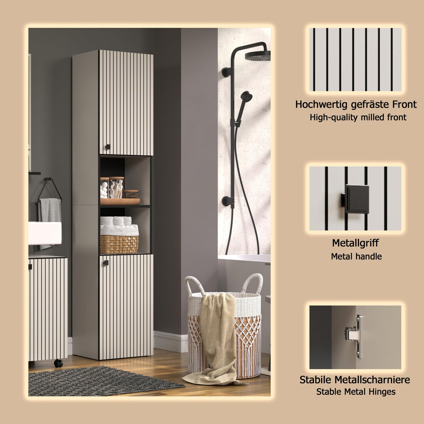 trendteam smart living - PureBliss - Hochschrank - Eiche - Badezimmerschrank in moderner Rillenoptik - edle Metallgriffe - (BxHxT) 40 x 186 x 31 cm - 2 praktische Einlegeböden - kratzfest