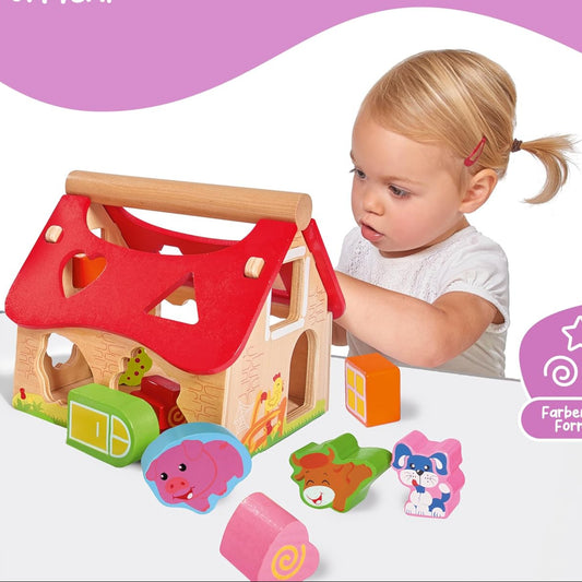 Eichhorn Wooden Pine House 15 Piece House with 12 Push-through Shape Blocks, Motor Skills Toy for Children 1 Year and Above Size: 18 x 17.5 x 18 cm.