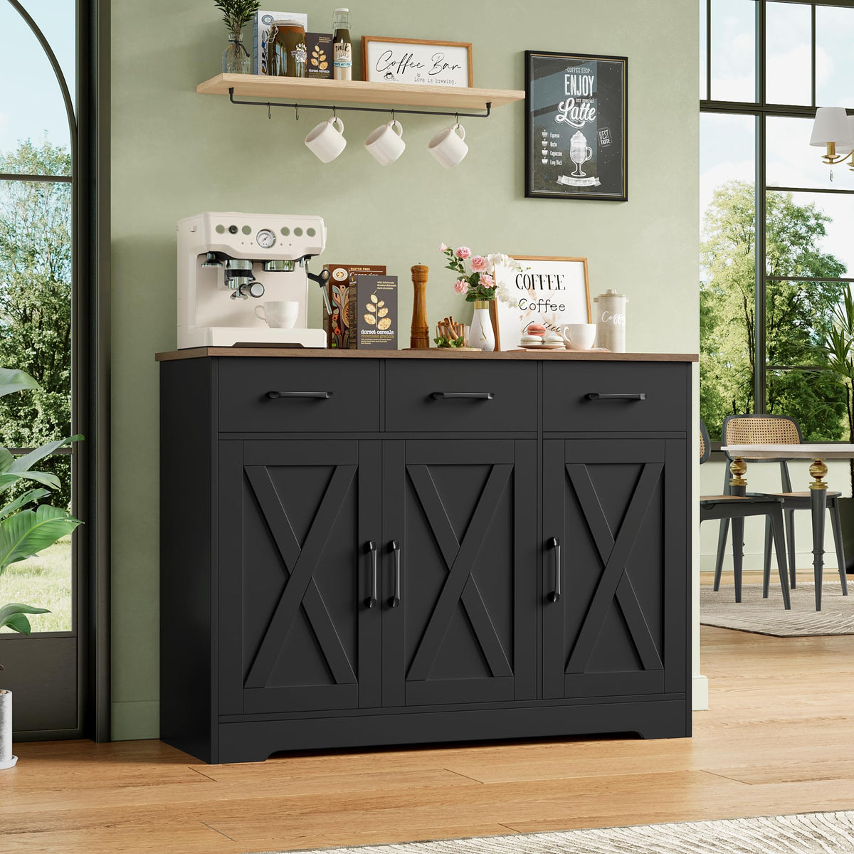 HOCSOK Sideboard, Kitchen Cabinet with 3 Drawers and 3 Doors for Kitchen, Buffet Cabinet with Worktop for Dining Room, Living Room, Wood, White & Brown