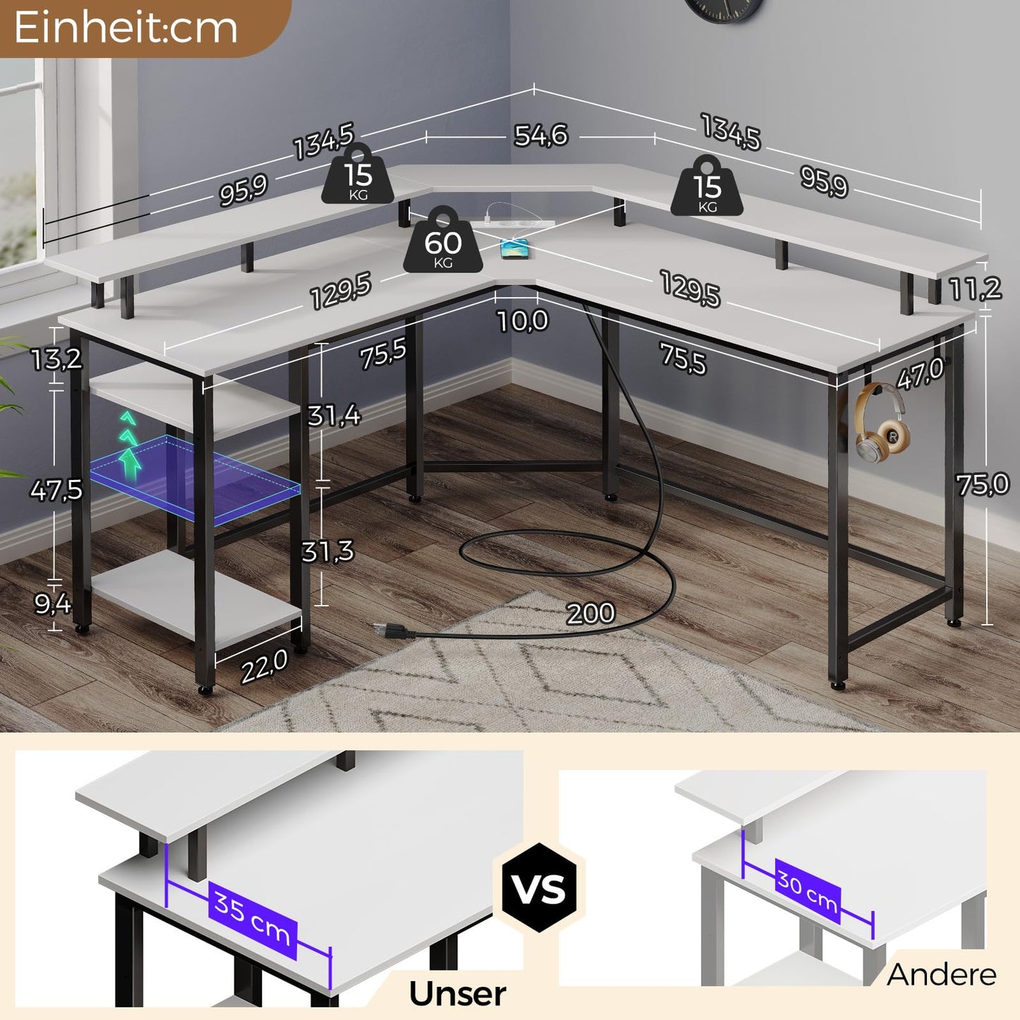 Rolanstar Schreibtisch L Form mit LED & Steckdosen, 117 cm Computertisch mit Monitorständer & Ablagefläche, Reversibler Eckschreibtisch mit 2 Haken, perfekt für Arbeitszimmer Schlafzimmer Büro