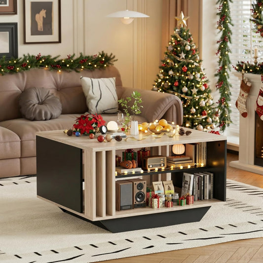 MSFE LED Coffee Table, Modern Living Room Table with Storage Space, Modern Table Living Room with Slats, 80 x 60 x 45 cm, Sofa Table, Living Room Table for Living Room/Dining Room, Living Room