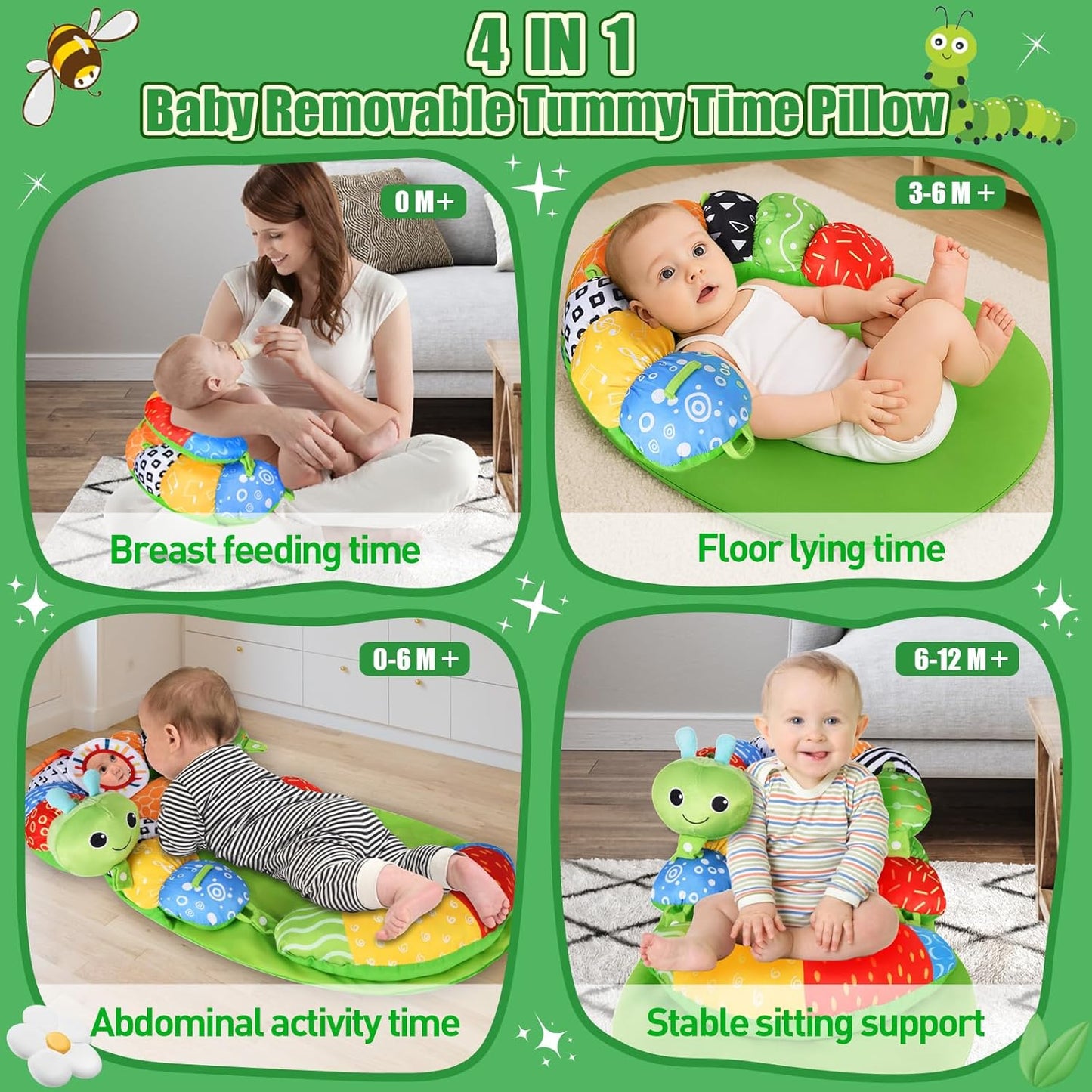 Charmofun Tummy Time Toys Spielkissen, 3 in 1 Bauchlage Spielzeug Baby, Abnehmbar Raupe für Baby, Bauchlage Helfen Sitzen Stützen Babyspielzeug 3 6 9 Monate mit Rassel, Beißring, Spiegel