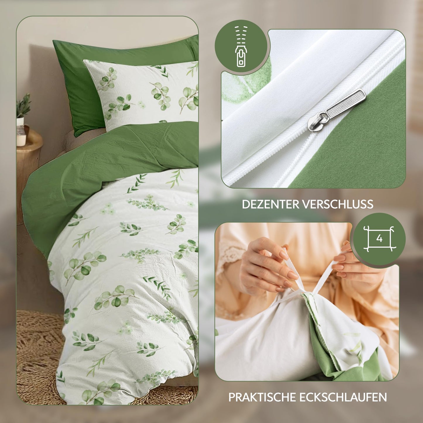 Dreamzie Bed Linen Set 155 x 220 cm with 2 Pillowcases 80 x 80 cm, Botanic Motif Sage Green, Adult Bed Linen, 155 x 220 cm, Made of 100% Microfibre, Certified, No Chemicals (OEKO TEX)