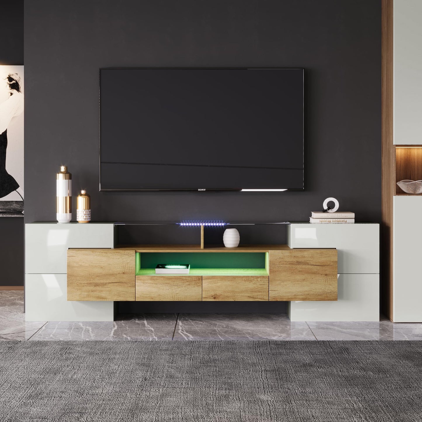 LANTRO JS TV Cabinet 200 cm Long with Elegant Glass Surface, TV Lowboard in Marble Look, TV Cabinet with LED Lighting, White and Black
