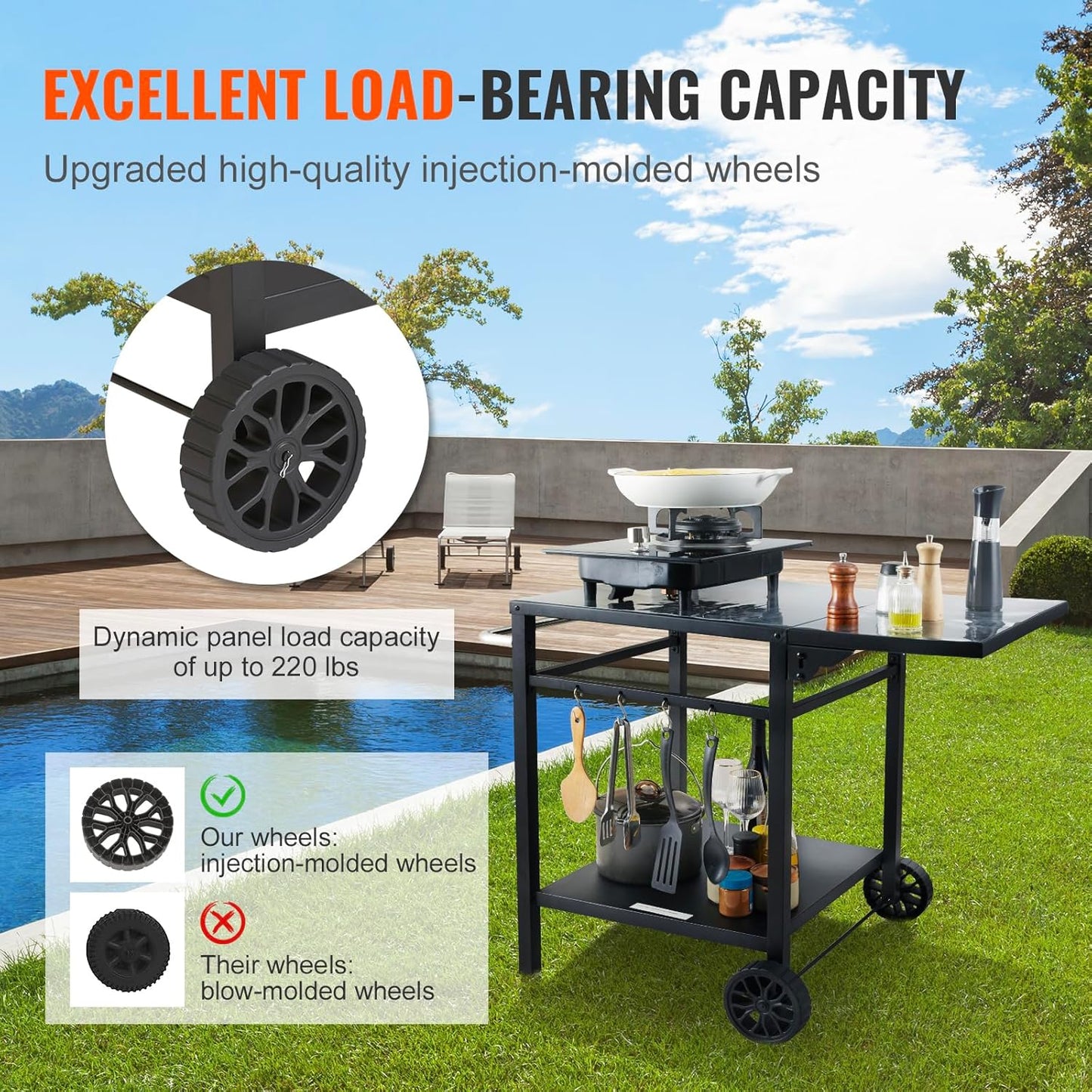 VEVOR Barbecue Trolley, Kitchen Trolley, 97.2 x 64 x 75.5 cm, Outdoor Serving Trolley with Double Shelf, Movable Grill Table for Preparing Food, Multifunctional Iron Table Top, Black