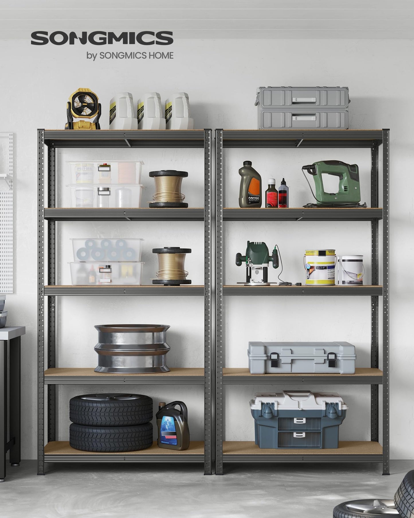 SONGMICS Storage Shelves, Heavy Duty Shelves, Set of 2, Basement Shelves, 180 x 90 x 40 cm, Maximum Load 875 kg, Shelves, Boltless Shelves, Reinforced Steel Frame, 5 Adjustable Shelves, Silver GLR040E02