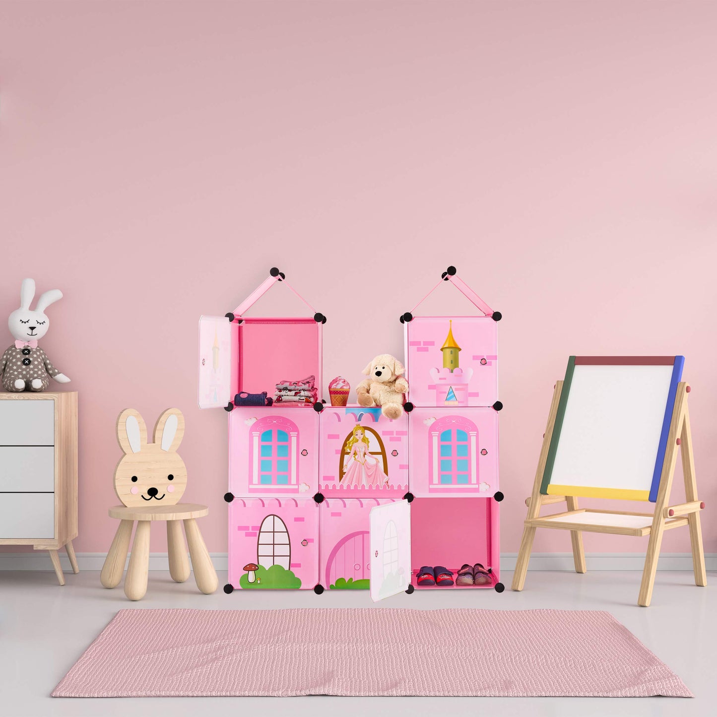 Relaxdays Boltless Shelving Unit for Children's Room, Princess Castle, Plastic, DIY Cabinet with Doors, H x D: 128 x 110 x 37 cm, Pink