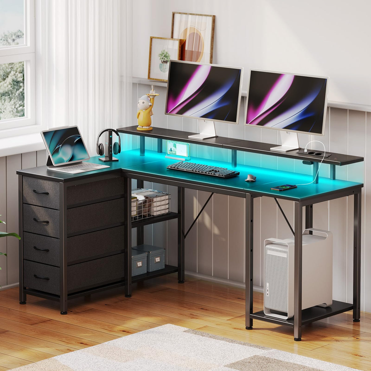 Seventable Computer Desk L Shape with 4 Drawers & Shelves, Gaming Table with LED & Sockets, Gaming Desk with Monitor Stand for Home Office, Bedroom, Living Room (White, 120 cm)