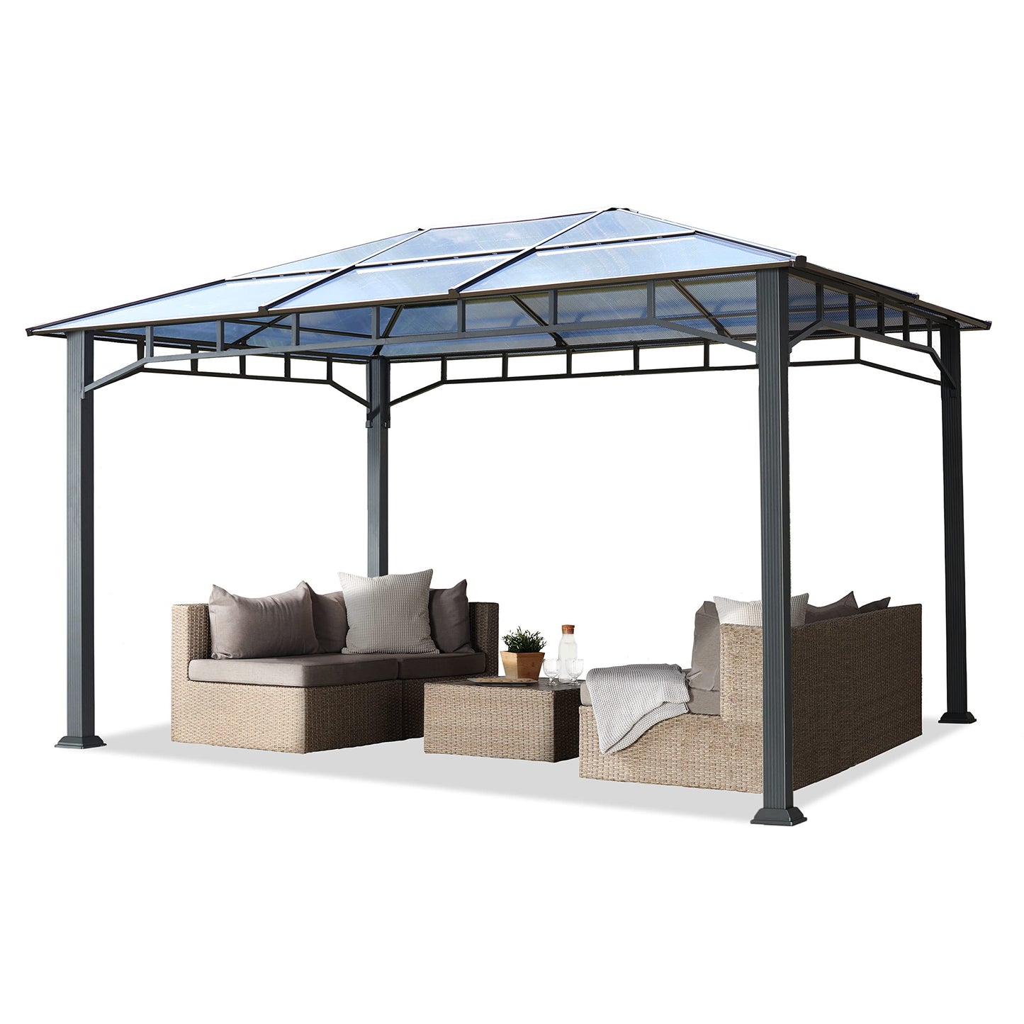Toolport Garden Gazebo, 3 x 4 m, Waterproof, Aluminium, Deluxe, Polycarbonate Roof Approx. 8 mm, Gazebo with 4 Side Panels, Party Tent, Grey, 9 x 9 cm Profile