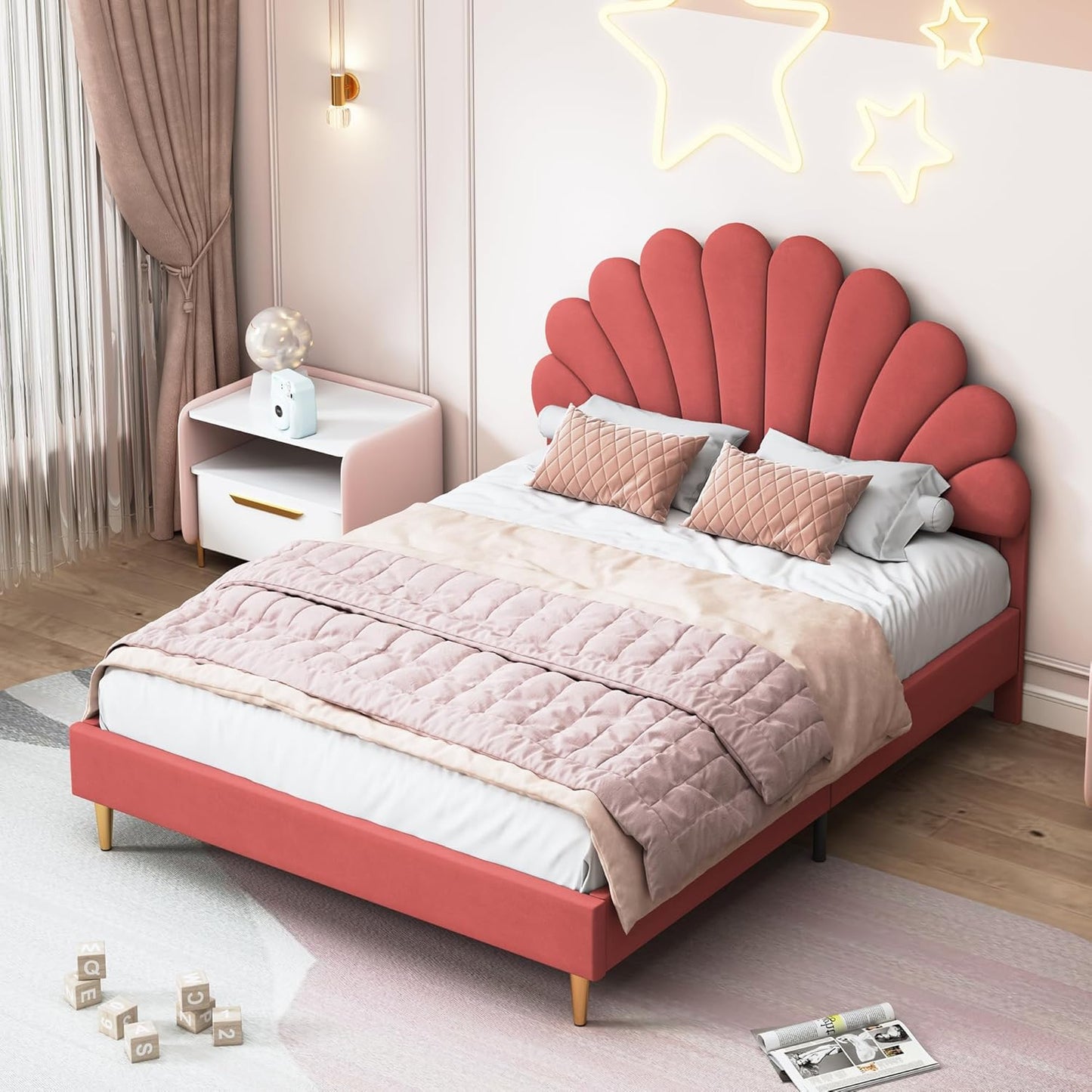 Upholstered Sofa Bed 140 x 200 cm, with Ambient Light and USB Connection, Children's Bed with Slatted Frame, Functional Bed, Teenager's Bed, Lambswool Material, Pink