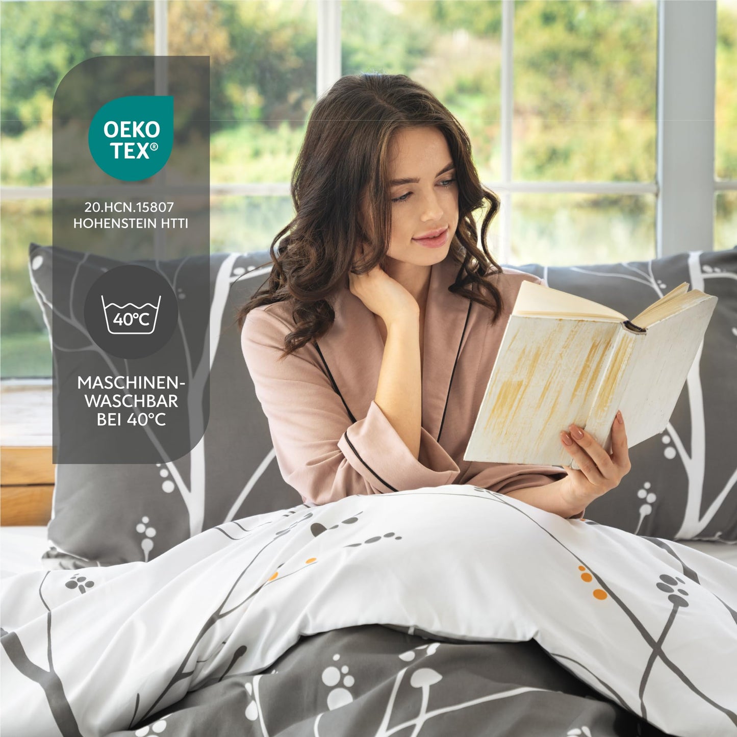 Dreamzie Bed Linen Set 155 x 220 cm with 2 Pillowcases 80 x 80 cm, Botanic Motif Sage Green, Adult Bed Linen, 155 x 220 cm, Made of 100% Microfibre, Certified, No Chemicals (OEKO TEX)