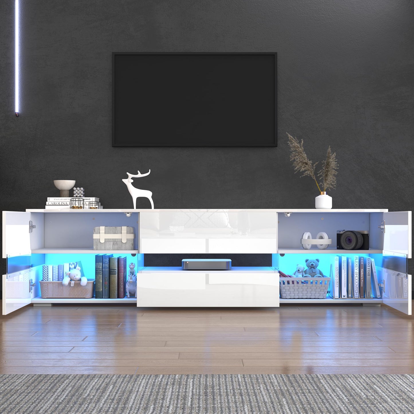 TV Cabinet with LED Strips, TV Stand 160 cm Long for TVs from 55 to 70 Inches, Lowboard TV Board with Storage Space Drawers and Doors, Sideboard for Living Room (White)