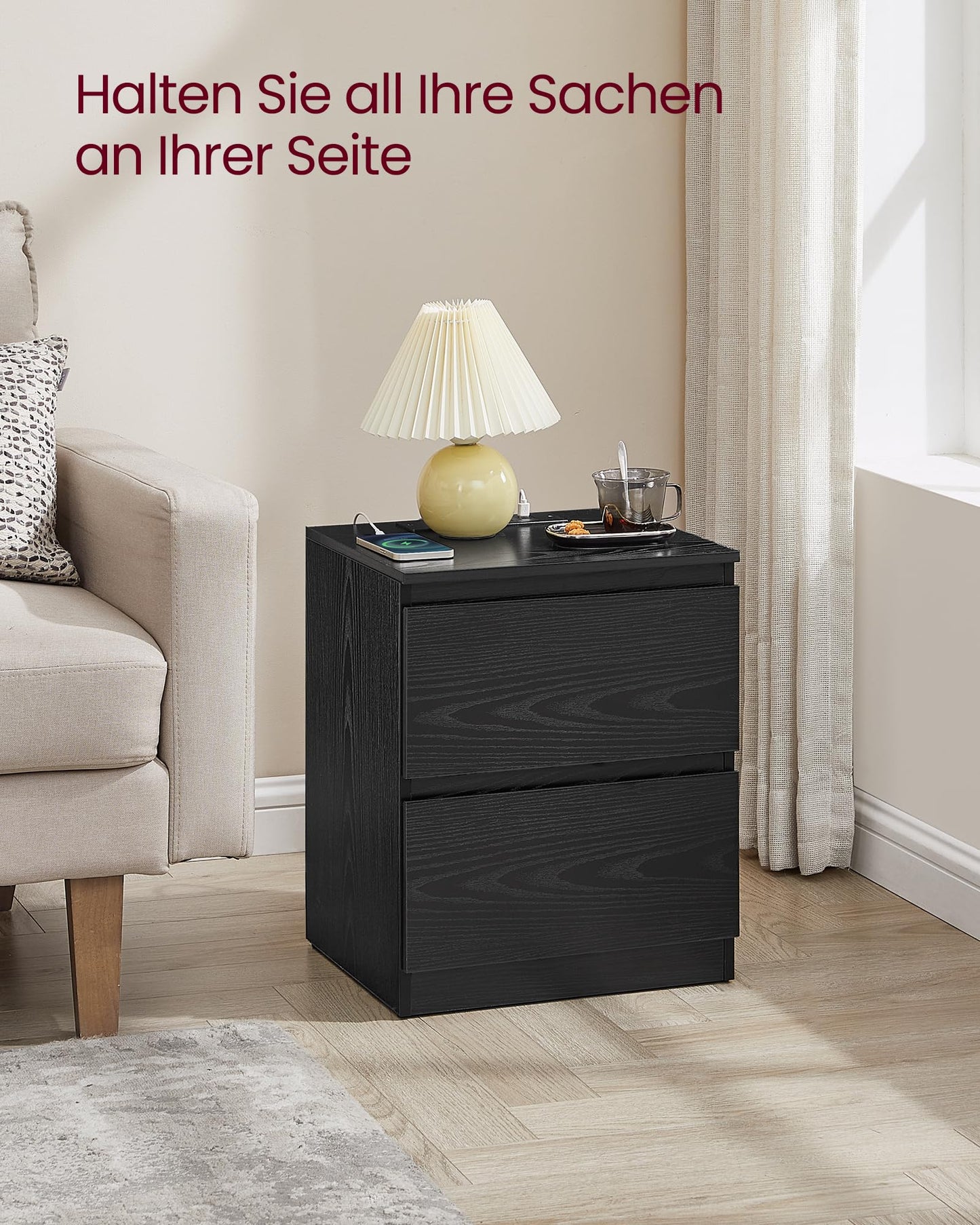 VASAGLE Kailyn Collection - Bedside Table with Power Strip, Set of 2, Side Table 2 Drawers, 2 AC Sockets, 2 USB-A Ports, for Bedroom, Cloud White LET821W02