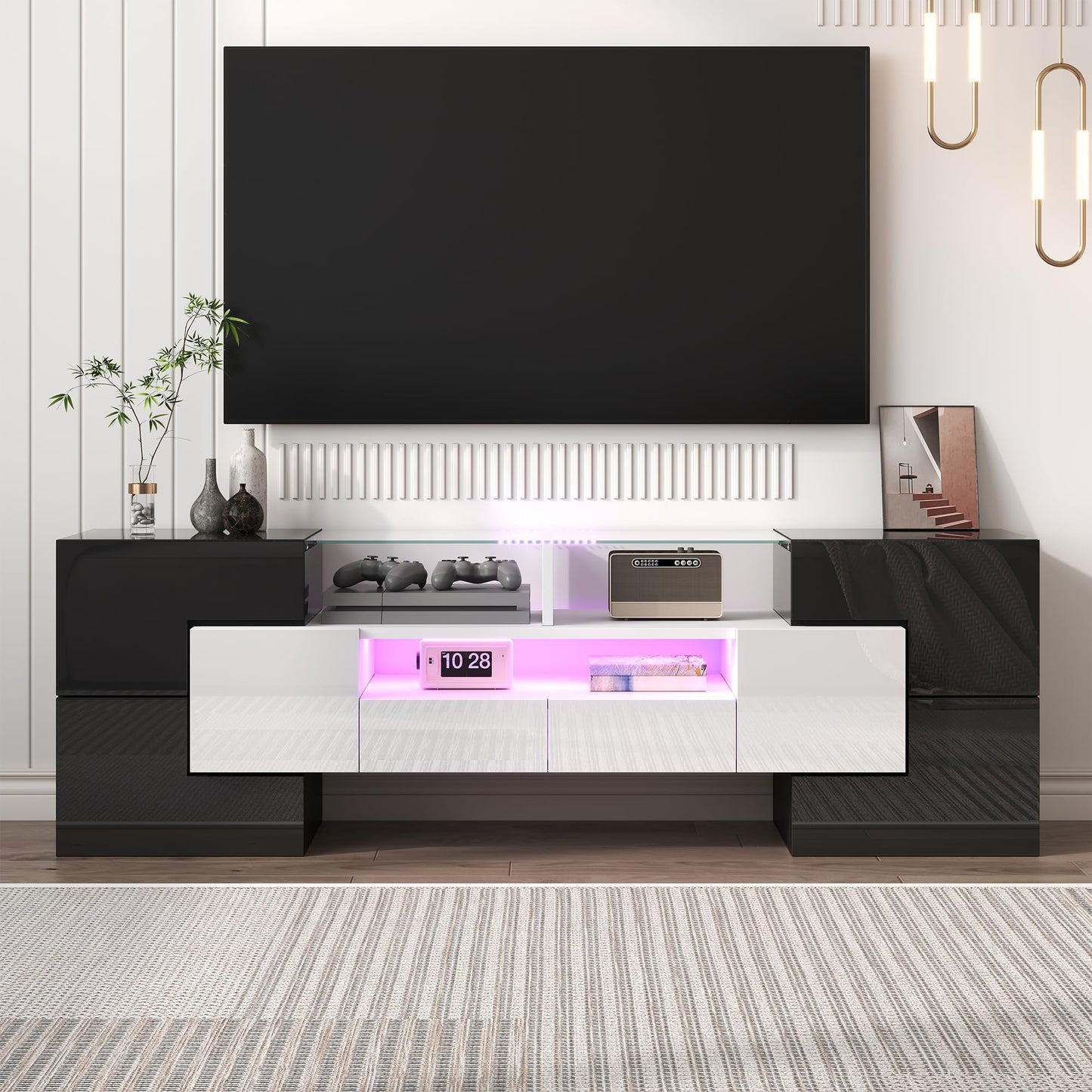 LANTRO JS TV Cabinet 200 cm Long with Elegant Glass Surface, TV Lowboard in Marble Look, TV Cabinet with LED Lighting, White and Black