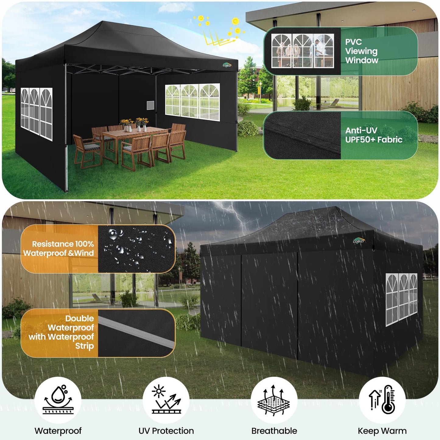 COBIZI Pavillon Faltpavillon 3x3 wasserdicht stabil Winterfest,Outdoor faltbar partyzelt，gartenpavillon mit 4 Seitenteilen und 4 Sandsack und Laufradtasche, Schwarz