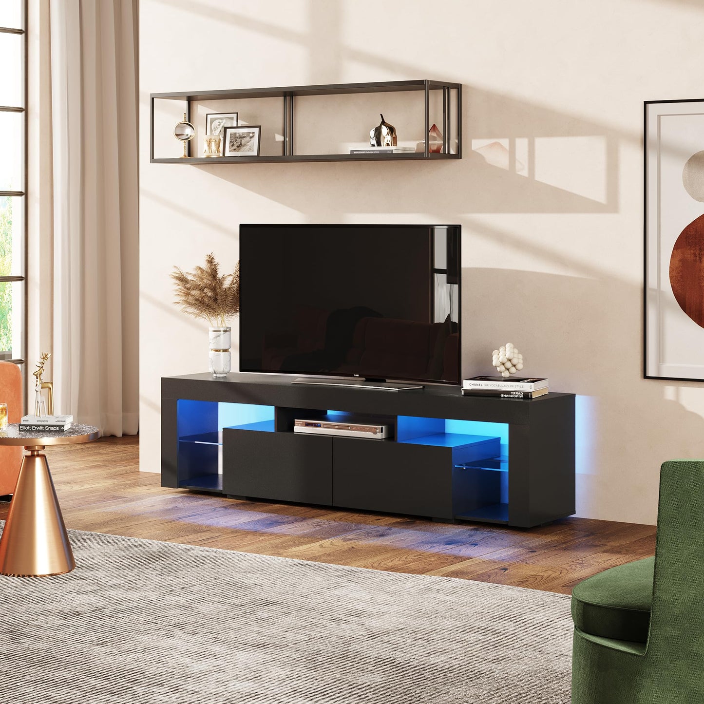 WLIVE TV Cabinet with LED, Lowboard Black for TVs up to 60 Inches, TV Stand for Living Room, 20 Colours LED Lighting, TV Cabinet with Open Storage Space and Drawers, Black