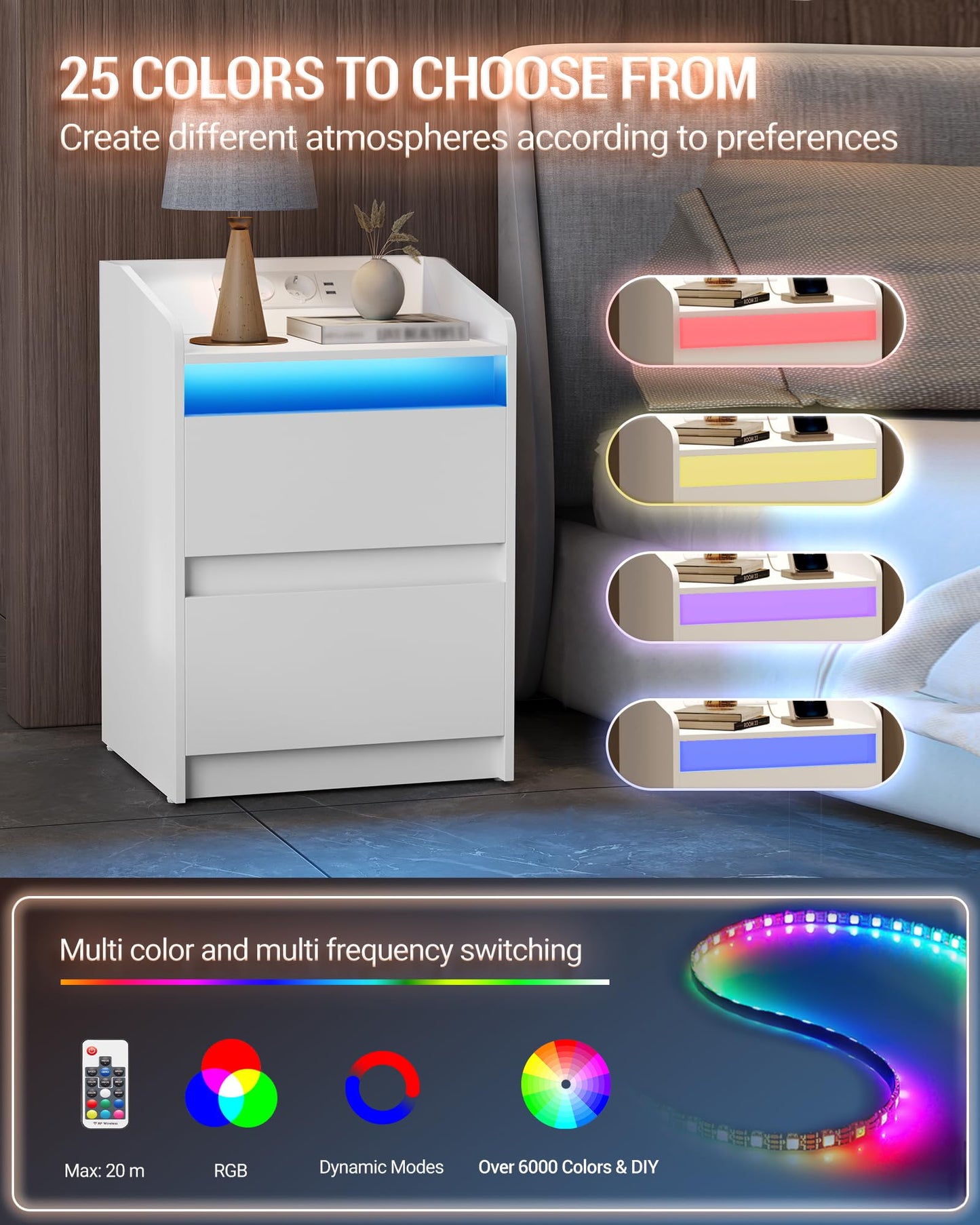 Hzuaneri Bedside Tables Set of 2 LED Lights, Charging Station and 2 Drawers, Side Table with USB Ports & Sockets, Stylish and Versatile, for Living Room and Bedroom, Black NS30104X