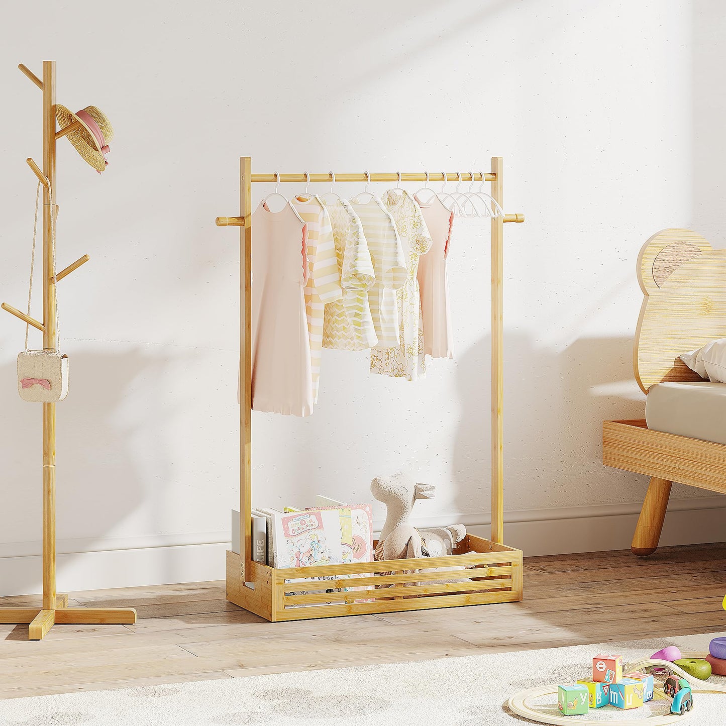 Baby Clothes Rack for Toddlers, Pet Clothes Rack with Storage Box & Adjustable Clothes Rail for Dogs/Cats, Baby Shower Wardrobe with Handle for Children's Room