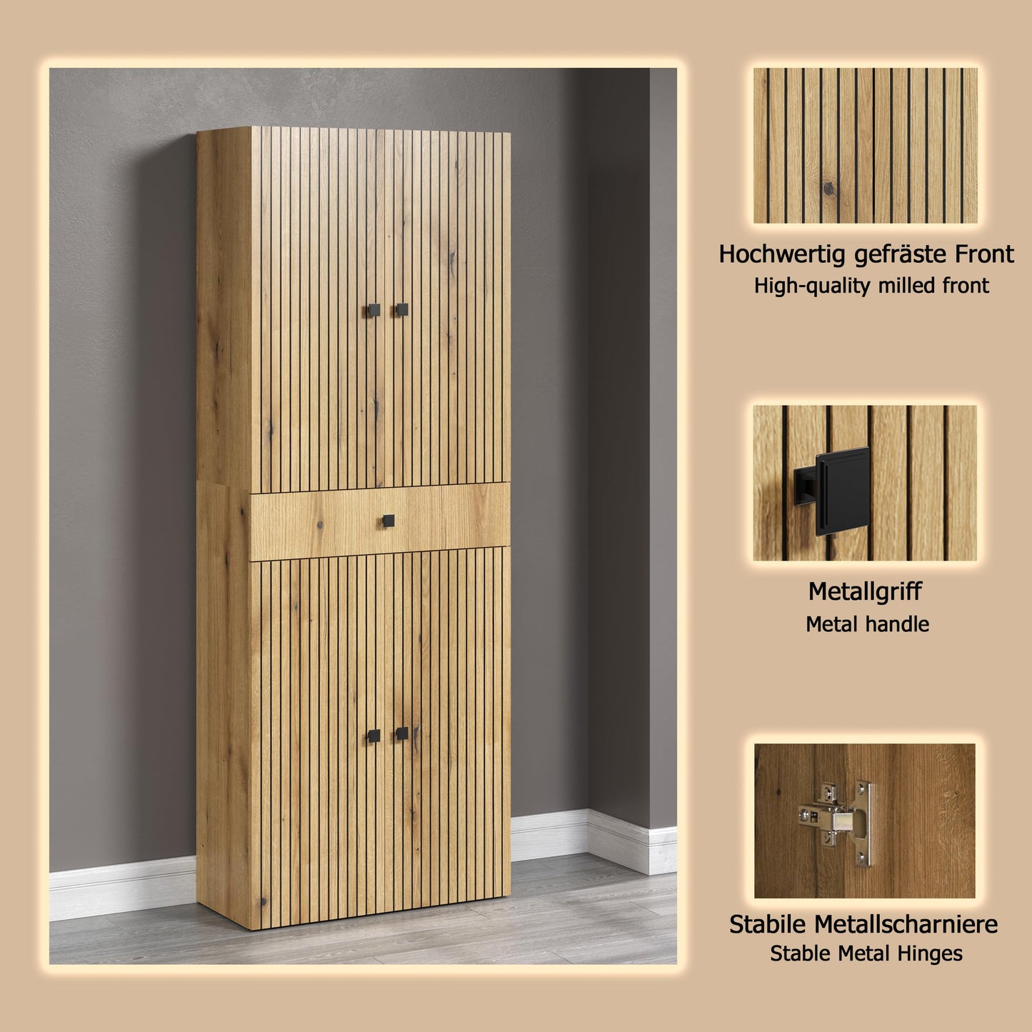 trendteam smart living - PureBliss - Hochschrank - Eiche - Badezimmerschrank in moderner Rillenoptik - edle Metallgriffe - (BxHxT) 40 x 186 x 31 cm - 2 praktische Einlegeböden - kratzfest