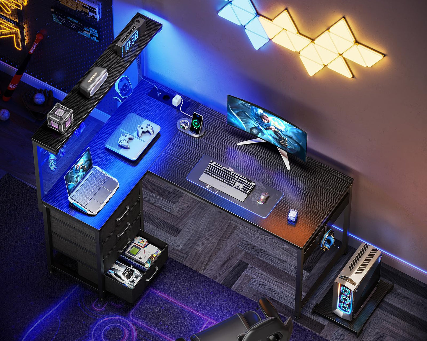 Coleshome Gaming Table with LED, 110 × 80 cm, Reversible Gaming Desk with Drawers & Sockets, Corner Desk with Storage Compartment & Storage Space, Black