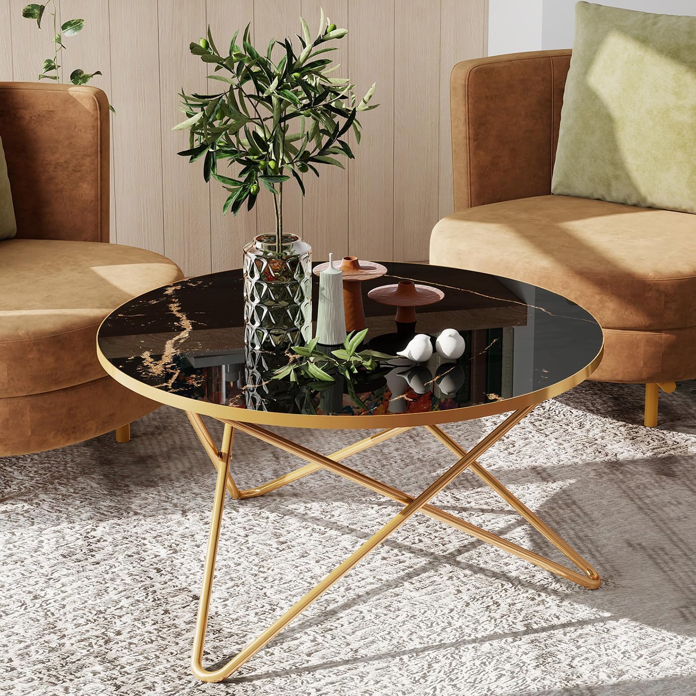 Coffee Table Side Table Round Black Green Living Room Table Sofa Table for Living Room Garden Balcony Bedroom Table Round Modern Plant Table Outdoor with Marble Pattern