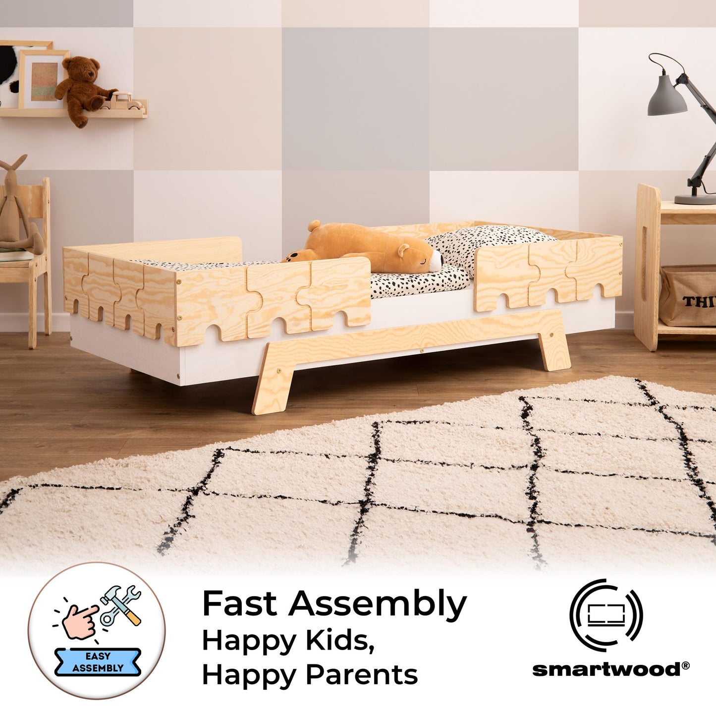 smartwood Kinderbett mit Lattenrost und Rausfallschutz Puzzle BR2 Montessori einzelbett für Jungen und Mädchen - Bett aus Kiefer Sperrholz mit Rausfallschutz und Lattenrost - Grau - 90x200 cm