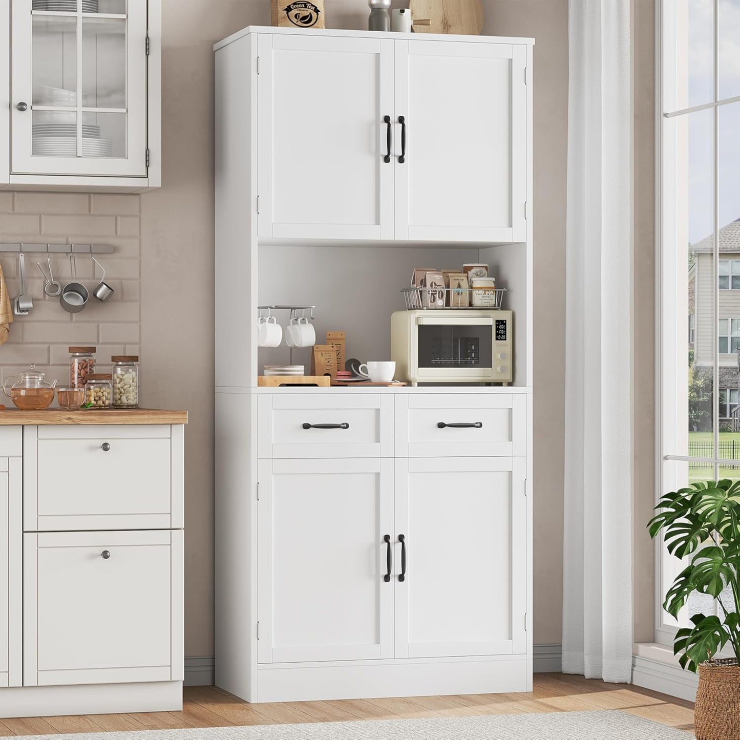 HOCSOK Kitchen Cabinet, 180 cm Buffet Cabinet with Worktop, Storage Cabinet Kitchen with 4 Doors and 2 Drawers, Tall Cabinet Multi-Purpose Cabinet with Adjustable Shelf, White
