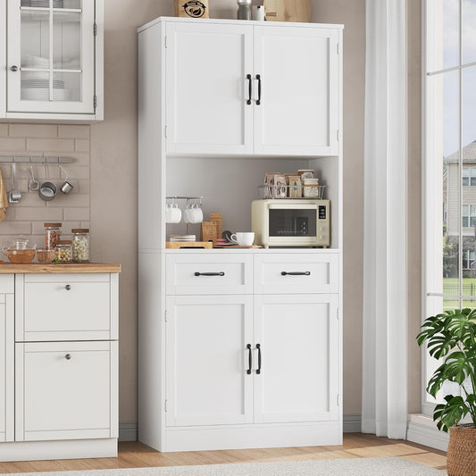 HOCSOK Kitchen Cabinet, 180 cm Buffet Cabinet with Worktop, Storage Cabinet Kitchen with 4 Doors and 2 Drawers, Tall Cabinet Multi-Purpose Cabinet with Adjustable Shelf, White