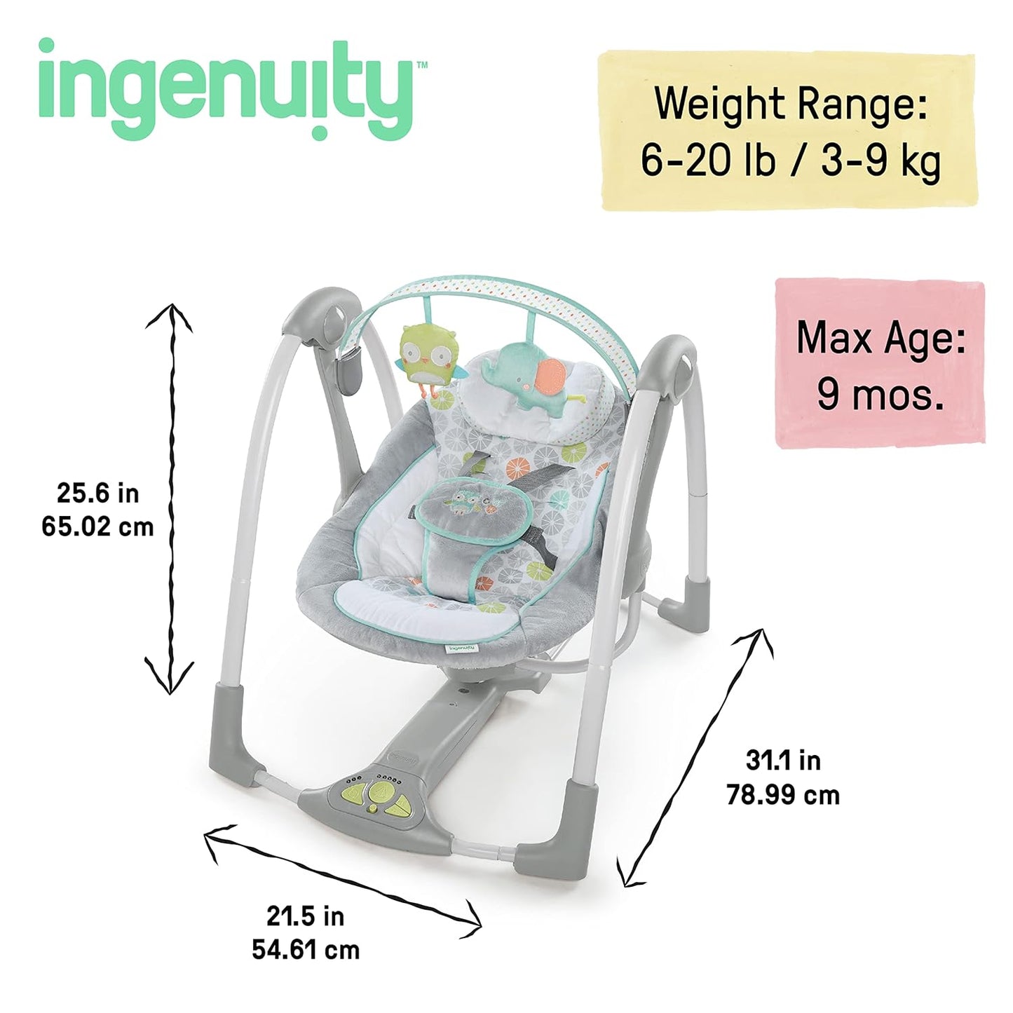 Ingenuity Hugs & Hoots Folding and Portable Baby Swing, 5 Swing Speeds, 8 Melodies, 3 Nature Sounds, Volume Control and Toy Hanger, from Newborns up to 9 kg
