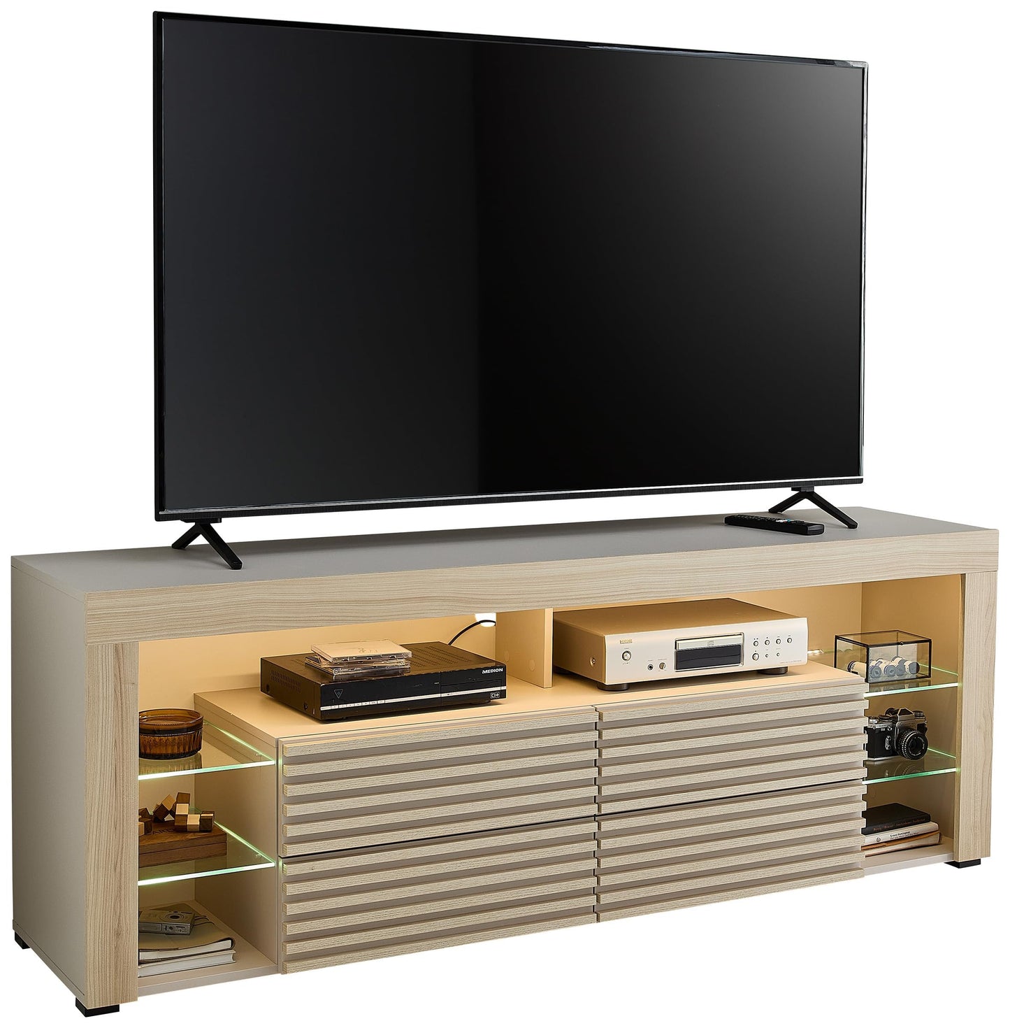 GOAL TV Lowboard in Matt Grey with LED Lighting, High-Quality TV Board with Lots of Storage Space for Your Living Room, 153 x 44 x 44 cm (W x H x D)