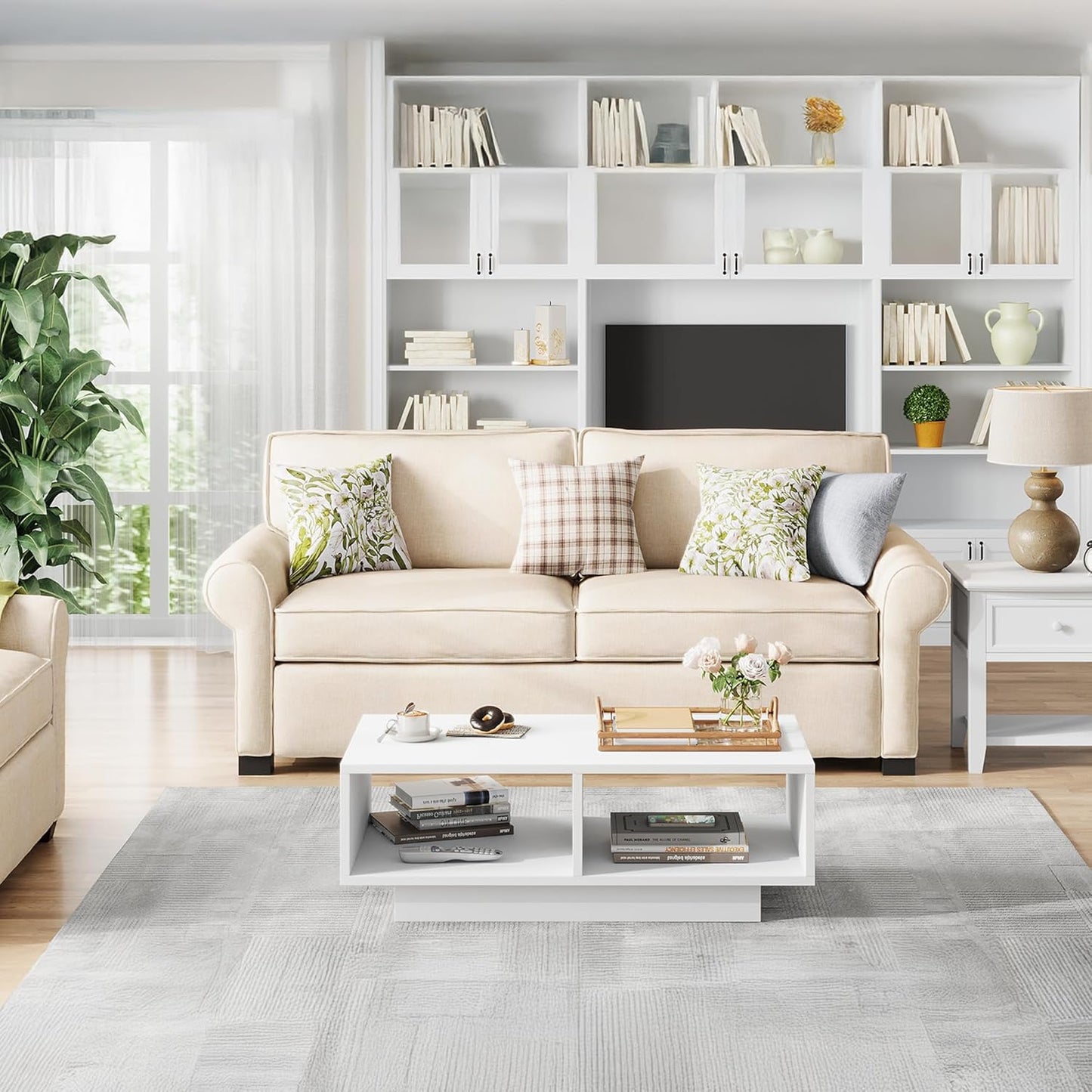 Coffee Table, White, Middle Table, Tea Table for Living Room, Modern and Stylish Rectangular Coffee Table with 2 Open Compartments, Rectangular Side Table, Sofa Table, for Bedroom, Office, 90 x 48 x 31 cm