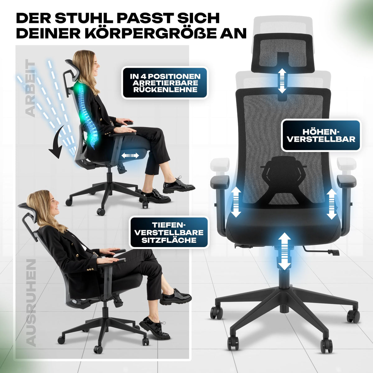 M2 Ergonomic Office Chair, Test Winner with Adjustable Armrest without Headrest for Maximum Freedom of Movement, Back-Friendly, Comfortable Desk Chair for Office and Home Office Chair