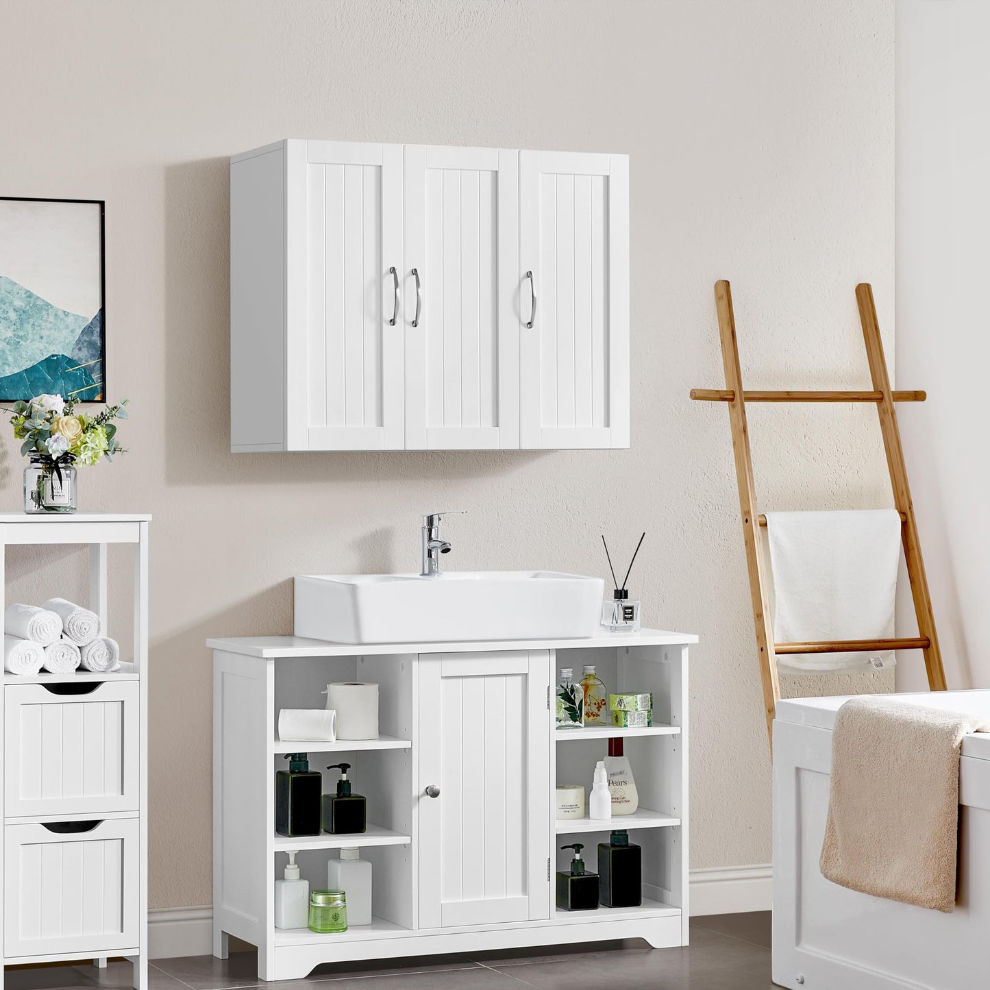 Yaheetech Bathroom Cabinet Wall Cabinet with 3 Doors Bathroom Cabinet Wall Shelf Kitchen Cabinet with Height-Adjustable Shelf for Bathroom Kitchen Laundry Room 75 x 31 x 60 cm