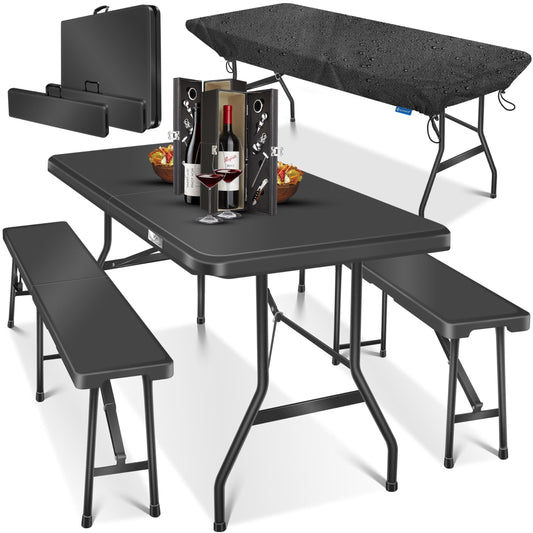 Kesser® Beer Tent Set – 3 Piece Set, Table + 2 x Bench, for Indoor / Outdoor, Folding, Carry Handles, HxWxD: 73 x 180 x 75 cm, Plastic, Rattan-Look Garden Set, Folding Table, Garden Table, Black
