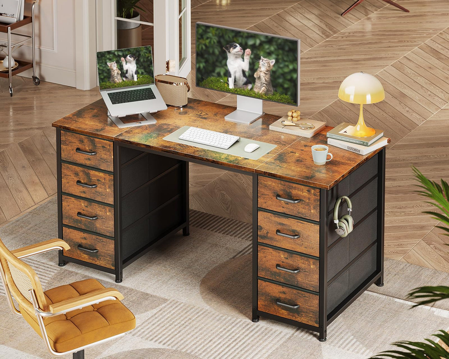 Coleshome Desk with 8 Fabric Drawers, 120 x 48 cm, Desk with Storage Space, Computer Desk with Headphones, Office Table, PC Table, Office Table for Office, Living Room, Home Office, Brown