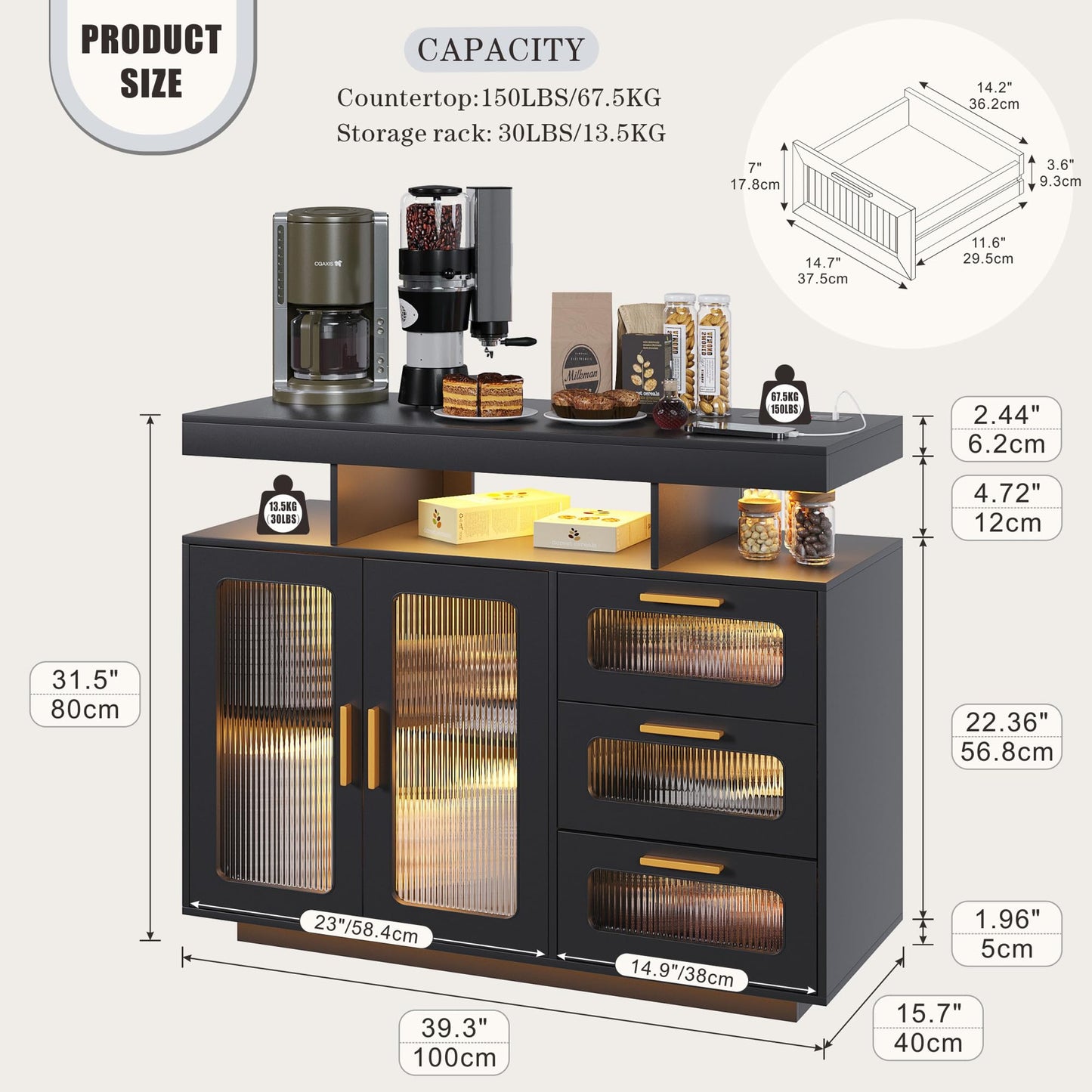 FREDEES RGB Kitchen Cabinet with Charging Station & LED Lighting, Sideboard Buffet Cabinet with Storage Space for Kitchen and Dining Room, Grey