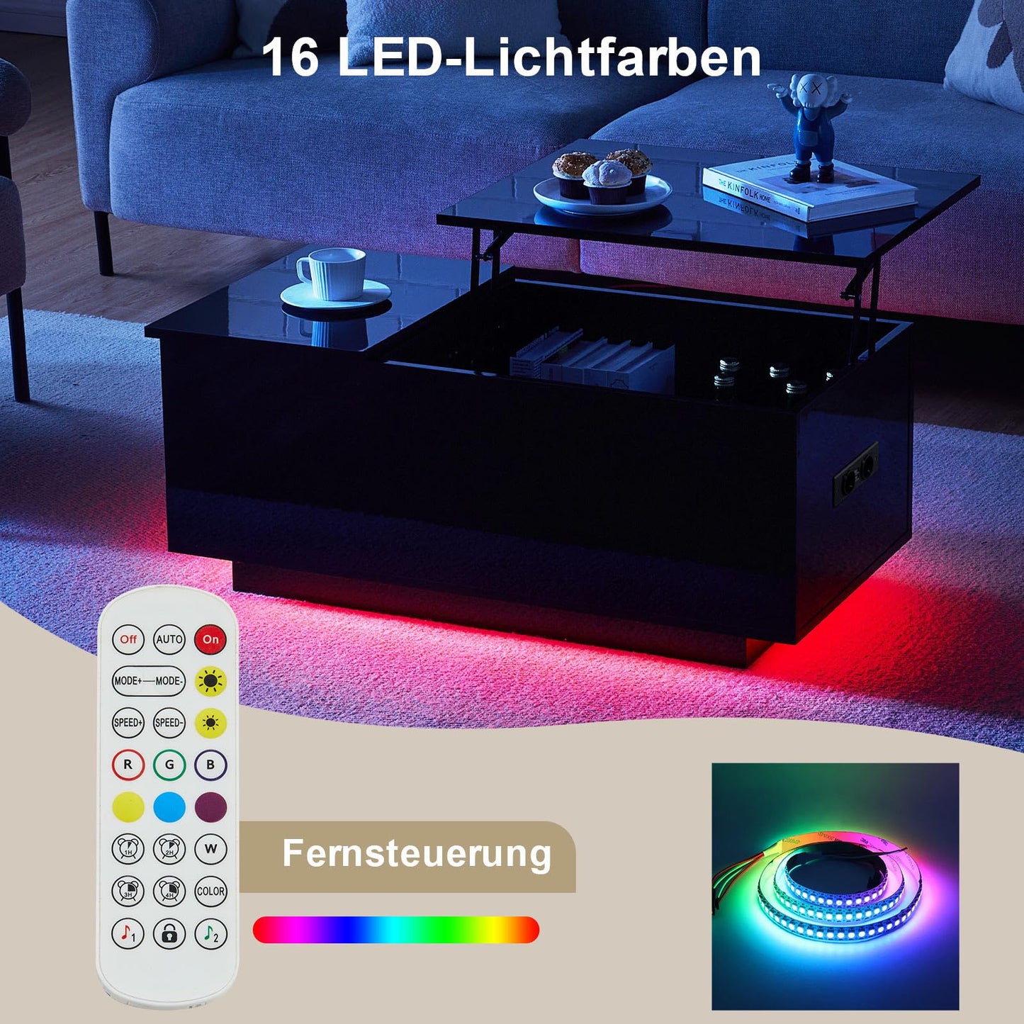 CLIPOP High Gloss Coffee Table, Height-Adjustable Living Room Table, with LED Lighting, Adjustable Light Colours, Socket and USB, Side Table with Hidden Storage Compartment, Black