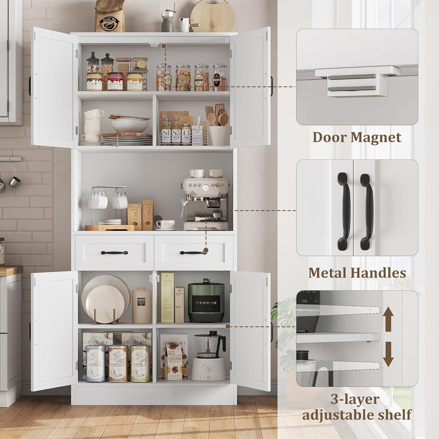 HOCSOK Kitchen Cabinet, 180 cm Buffet Cabinet with Worktop, Storage Cabinet Kitchen with 4 Doors and 2 Drawers, Tall Cabinet Multi-Purpose Cabinet with Adjustable Shelf, White