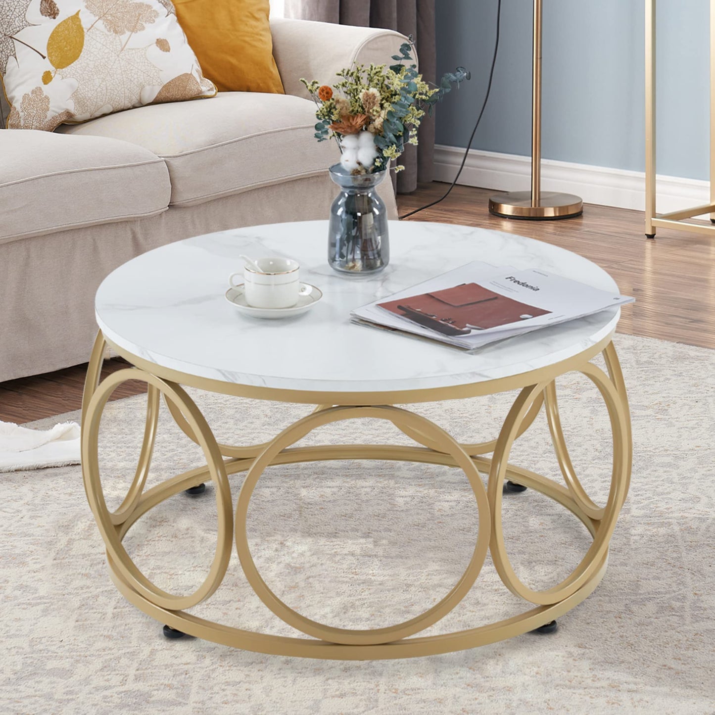 M MCombo Round Wooden Coffee Table, Modern Sofa Table, Small Coffee Table, Metal Frame, Side Table for Living Room, Diameter 80 cm, 2102