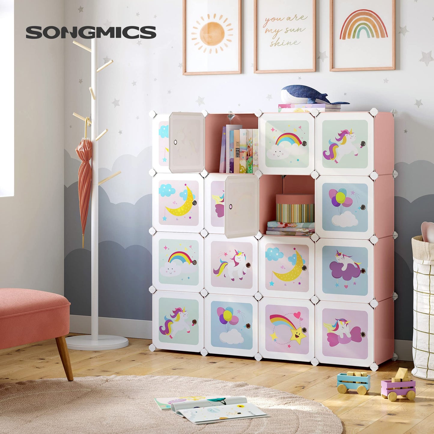 SONGMICS 16 Cube Shelving System, Storage Cabinet for Kids, Wardrobe with Doors, Plastic Shoe Rack, Boltless Shelf, Multipurpose, Shoes, Toy, 123 x 31 x 123 cm, White LPC906W01