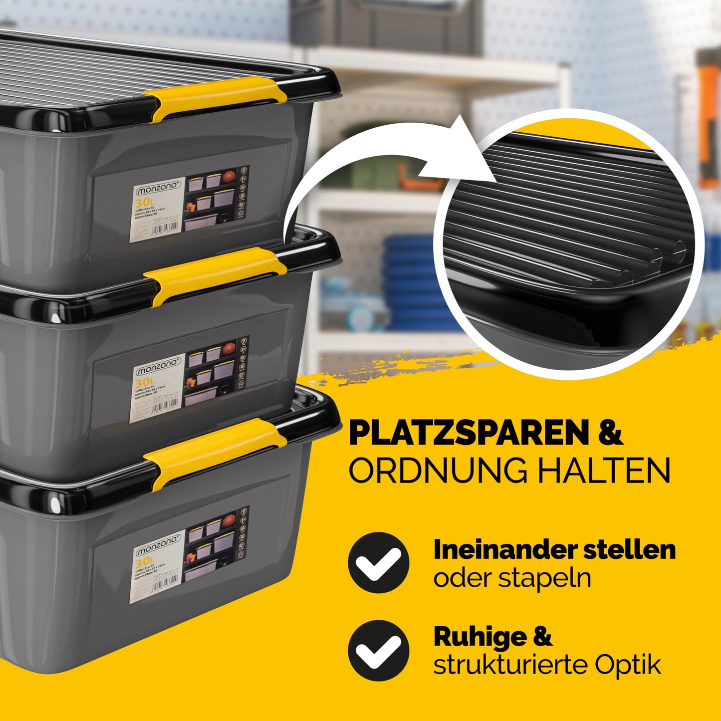 Monzana 4 x Storage Boxes 40 L with Lid 40 kg Load Capacity Plastic BPA Free Click Closure Stable Flexible Stackable Opaque Cellar Garage Box