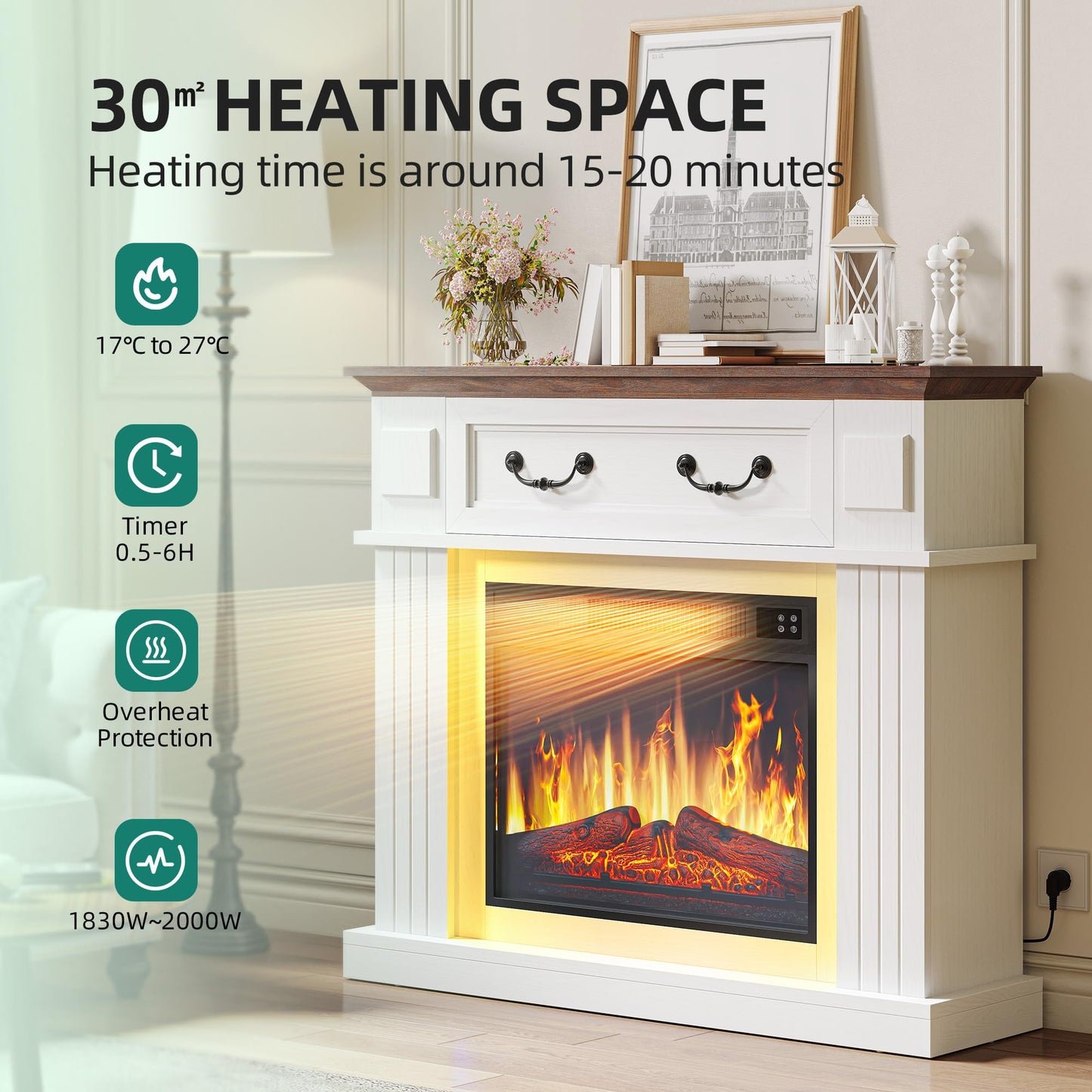 YITAHOME Electric Fireplace, 23 Inch Realistic 3D Flame Effect, Heat-Free Standing Electric Fireplace with Timer and 24-Colour LED Light Strip and Remote Control