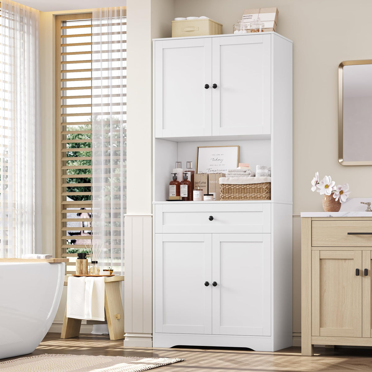 FOREHILL Tall Kitchen Cabinet, Kitchen Buffet Cabinet with Worktop, 4 Doors, Drawer, Cable Hole, Adjustable Shelves, Multi-Purpose Cabinet for Living Room, Kitchen, 75 x 40 x 180 cm, White