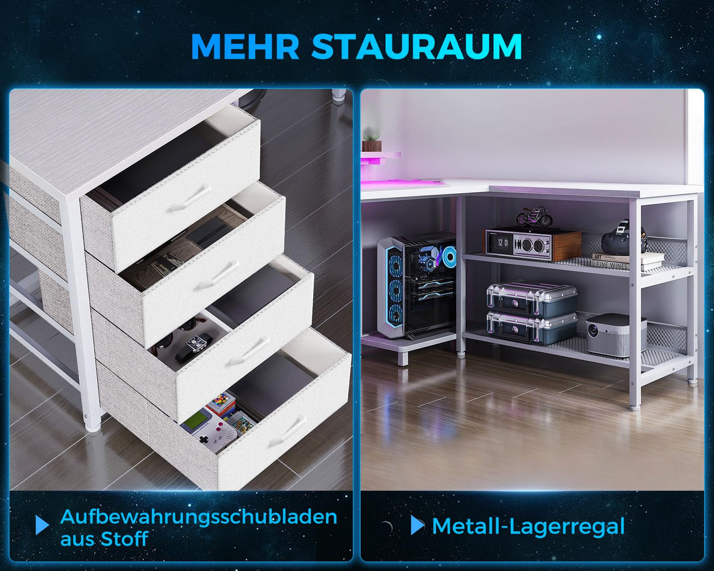 ODK Corner Desk with 4 Drawers and Storage Space, 167 x 102 cm Reversible Corner Desk with 2 Sockets and 2 USB Charging Ports, Gaming Desk with LED and Monitor Stand for Home Office, Black