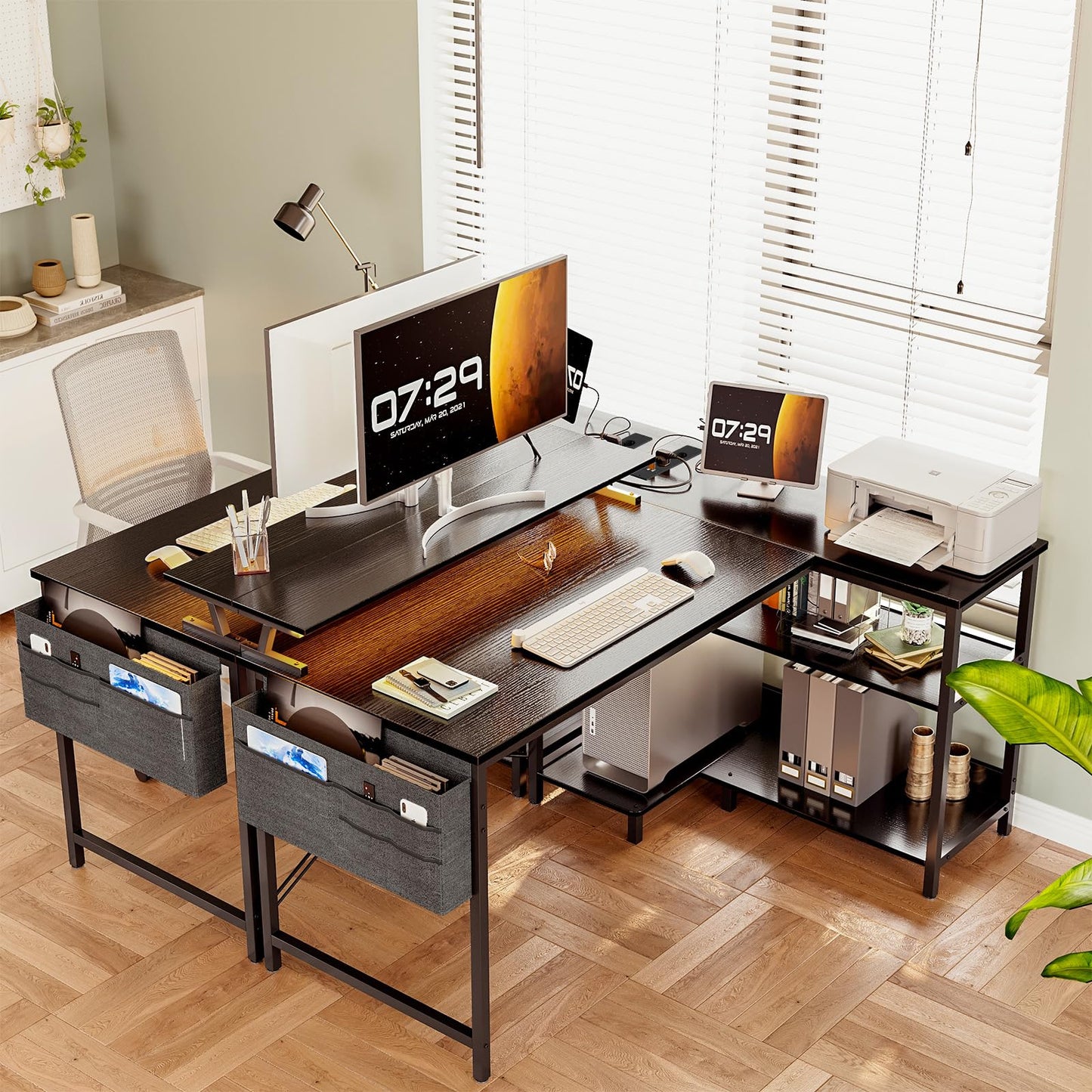 Coleshome Gaming Table L Shape with LED and Sockets, 120 x 80 cm Corner Desk with Shelf, Reversible Desk, L Shape, Black with Monitor Stand, Corner Table for Office, Study